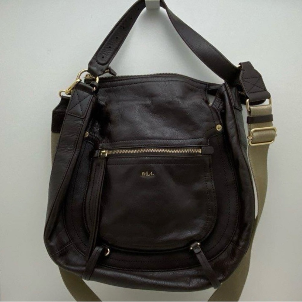 Ralph Lauren Double RLL Chocolate Leather Shoulder Bag